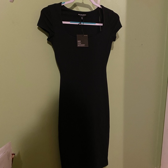 see you monday sym la black ribbed bodycon midi dress new nwt midi long M - Picture 4 of 8